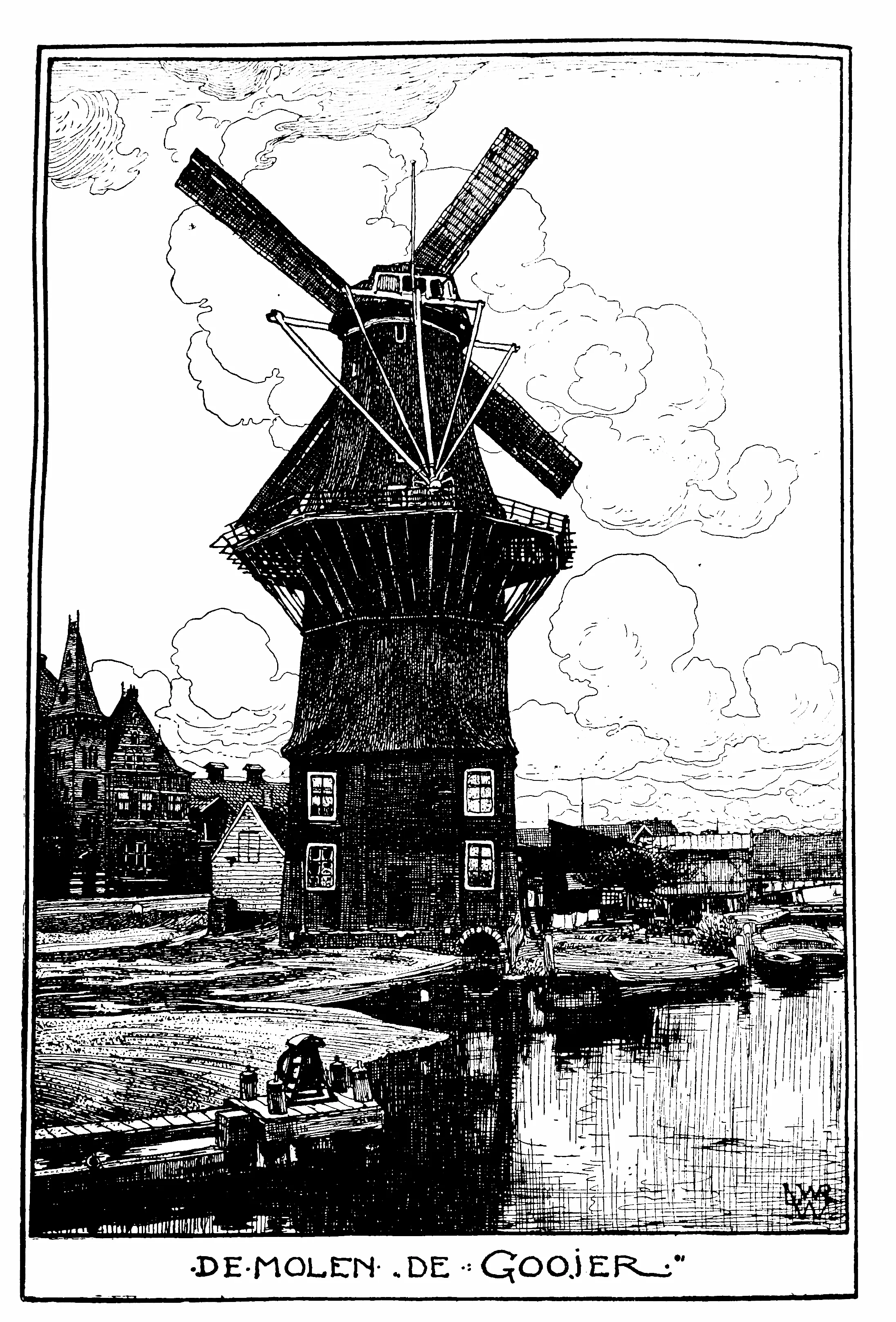 Molen De Gooyer in Amsterdam-Oost met draaiende wieken, gezien vanaf de Funenkade langs het water